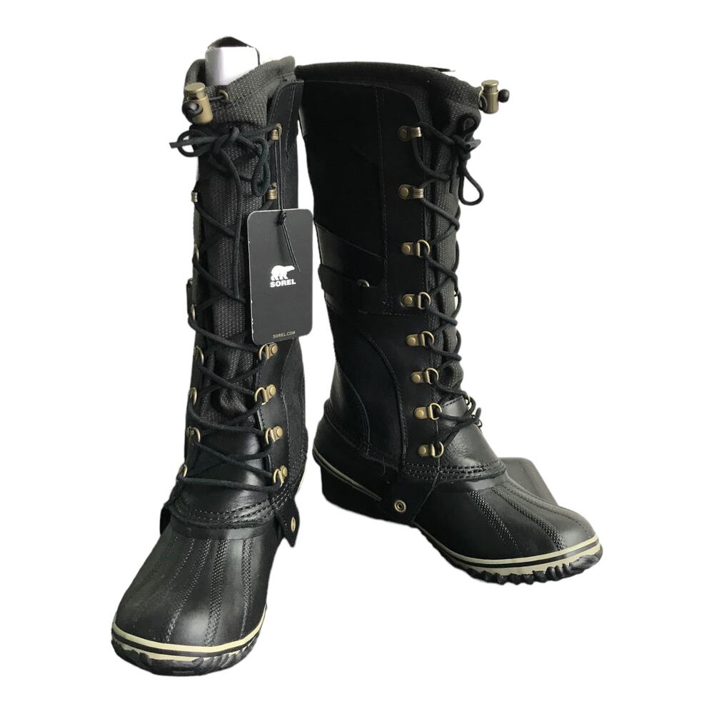 Sorel Conquest Carly Boots Womens 9.5 Black Leather Waterproof 15" Midcalf NWB